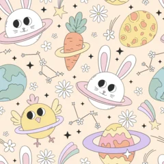 Fotobehang Naadloze herfst Groovy Cosmic Easter vector seamless pattern with cute whimsical bunny and chick planets with rings, egg shaped planets, carrot planet, floral constellations. Perfect for Easter wrapping paper  © AngellozOlga