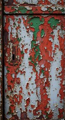 Close up photograph of peeling paint on old rusty metal door with keyhole weathered texture abstract decay background
