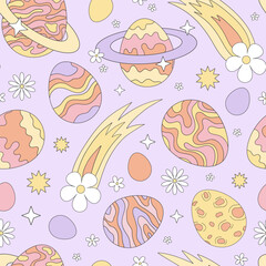 Groovy Cosmic Easter Vector Seamless Pattern with Egg Shaped Planets, Daisy Comets, Stars, and Pastel Spring Elements. Ideal for Easter wrapping paper, kids' products, party decorations, nursery