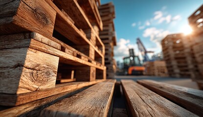 Obraz premium Wooden pallets stacked high, forklift in background. Sunlight