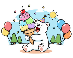 Happy polar bear in celebration hat holding giant ice-cream. Outdoor birthday party celebration, event icon. Multiple scoops in cone with cherry on top