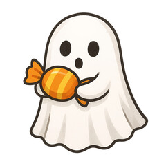Cute ghost holding a candy in a playful cartoon style  