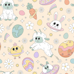 Groovy Cosmic Easter vector seamless pattern with cute alien baby sheep, bunny and chick planets, egg shaped planets, and UFO bunny aliens in a retro cartoon style. Perfect for kids apparel, baby