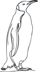 Simple black and white line drawing of a penguin standing in profile, minimalistic wildlife illustration.