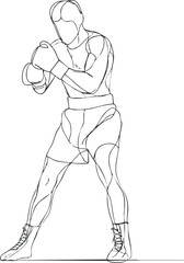 Fototapeta premium Line art sketch of a male boxer in boxing stance wearing gloves and shorts preparing to fight