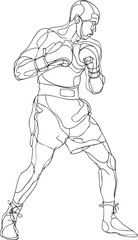 Fototapeta premium One line drawing of a boxer in fighting stance wearing gloves and headgear ready to spar