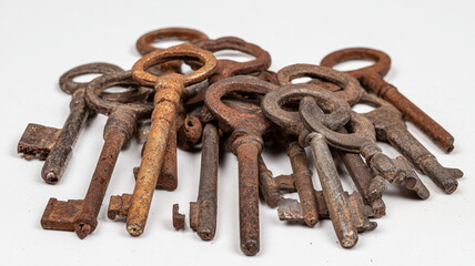 Antique rusty keys pile close-up