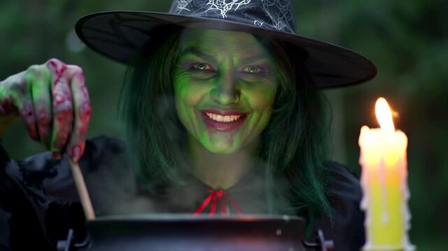 Witch preparing a potion by a candlelight