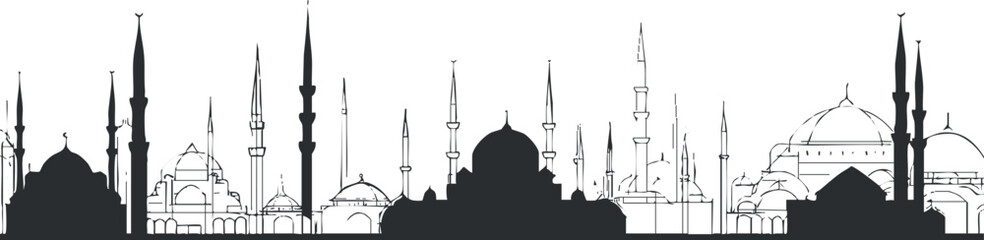 Fototapeta premium Black and white silhouette of an Islamic city skyline featuring mosques with domes and tall minarets