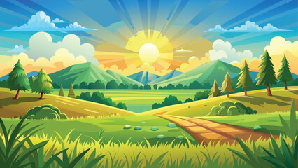 Obraz premium Sun shines over a vibrant green summer landscape with rolling hills and a wide-open sky
