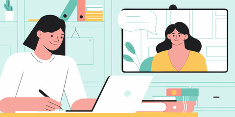 Woman working at home and participating in a video conference call with a colleague