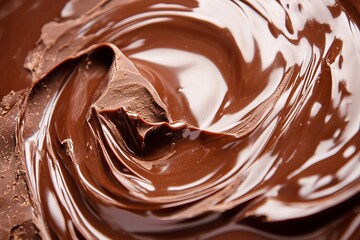 Close up of dark chocolate piece in melted swirl creating rich and indulgent dessert background