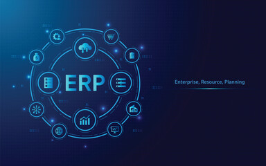 ERP, Enterprise resource planning concept. Business, Technology, Internet and network, software system for business resources plan presented. Businesses infographic, vector illustration with icons.