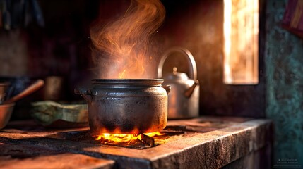 Rustic Cooking Pot on a Traditional Clay Stove with Glowing Flames in a Warm Kitchen Setting, Indian Culinary Traditions