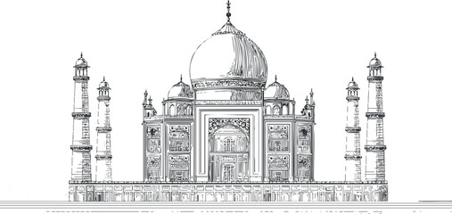 Detailed black and white sketch of the Taj Mahal monument showing its domes and minarets from the front view