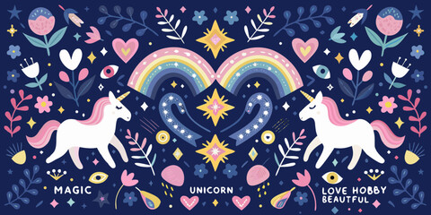 Whimsical dark blue background with two white unicorns rainbows stars and floral elements © Sourav