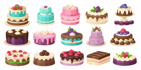 Collection of delicious and colorful cartoon cakes with frosting and fruit toppings