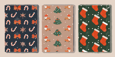 Three festive christmas themed patterns featuring candy canes snowflakes bows cute dogs and stockings on dark blue brown and green backgrounds