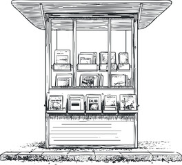 Fototapeta premium Illustration of a street newsstand kiosk displaying magazines and books for sale on shelves