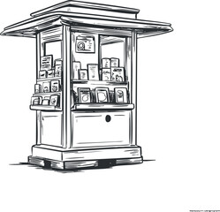 Black and white illustration of a newsstand kiosk displaying books and magazines for sale on the street.
