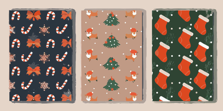 Three festive christmas themed patterns featuring candy canes snowflakes bows cute dogs and stockings on dark blue brown and green backgrounds