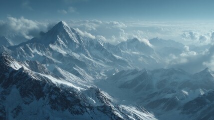 Obraz premium Majestic snow-covered mountain peaks pierce through swirling clouds on high altitude