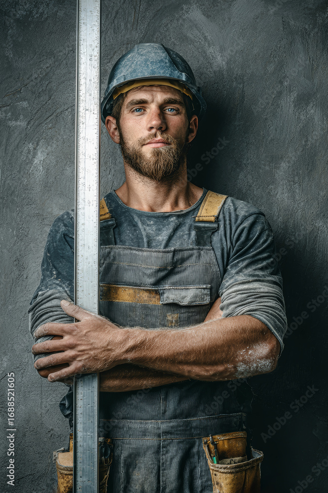 Poster craftsman measuring drywall on construction site with precision tools in a rustic setting
