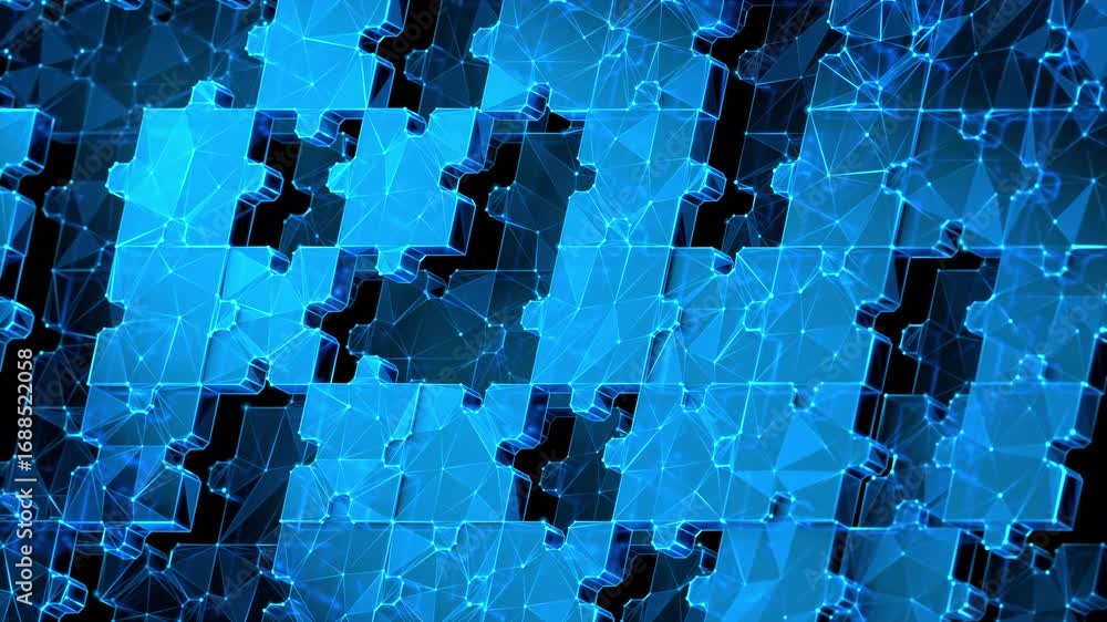 Poster lowpoly jigsaw puzzle pieces assembling and moving upwards on abstract animated background.wireframe