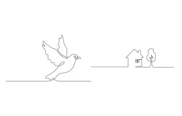 Bird, House and Tree Minimalist One Line Drawing – Simple Continuous Line Art Vector Illustration