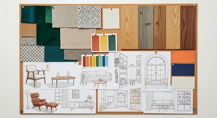 Inspiring interior design mood board featuring fabric swatches, wood samples, and architectural sketches for a home renovation project