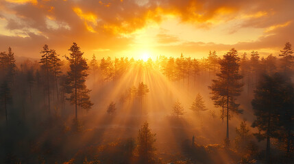 Golden Hour Forest: Sun Rays Piercing Through Misty Woodland Can