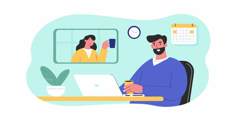 Man and woman having a video call and drinking coffee while working remotely from home