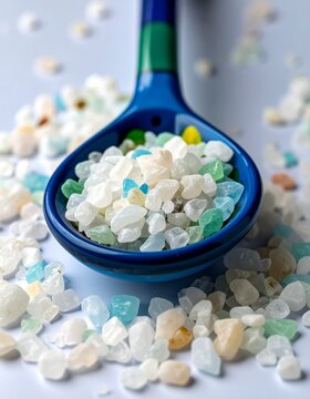 Natural salt of Dead Sea in colored spoon on white background closeup