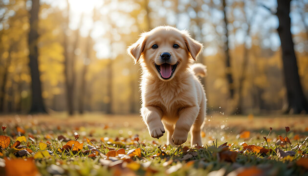 A young golden retriever puppy trots through fallen leaves on a tree-lined path, 4k and HD image