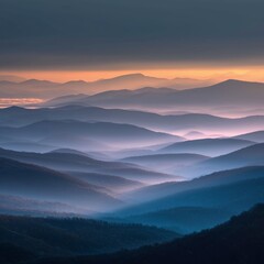 Fototapeta premium Distant sunrise over mountains with orange red sky and dramatic clouds, wide angle cinematic landscape view, flying bird above black hills, white fog and glowing horizon creating mysterious atmosphere