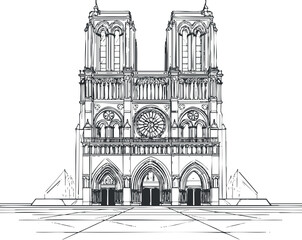 Black and white line drawing of a gothic cathedral facade with twin towers and rose window
