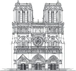 Fototapeta premium Detailed black and white line drawing of a historic Gothic cathedral facade with twin towers and intricate architectural details
