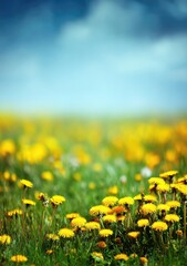 Sunny field of dandelions with vibrant yellow flowers set against a blurred blue sky with soft clouds, evoking a peaceful, natural spring scene