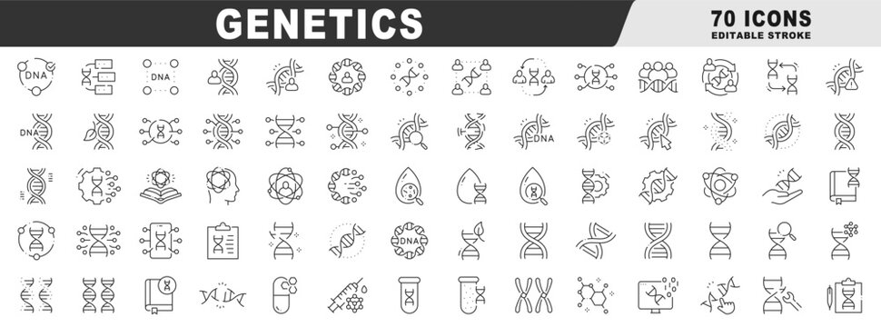Clean outline vector icon set for genetics. Editable stroke