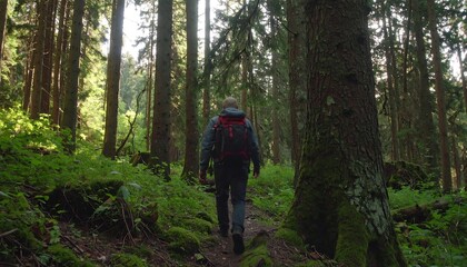 Fototapeta premium A hiker walks through a sunlit forest
