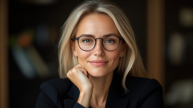 A confident young professional woman with glasses smiles warmly while resting her chin on her hand, creating a relatable image ideal for business presentations or motivational content,