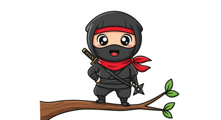 Cute Cartoon Ninja Character with Red Headband and Sword.