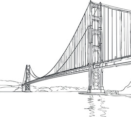 Obraz premium Detailed black and white line drawing of a large suspension bridge over a river with towers and cables.