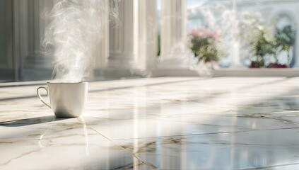 Steam rising from a white cup on a marble floor in a sunlit room