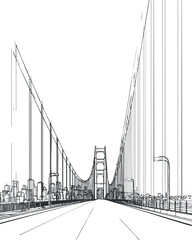 Black and white line drawing of a suspension bridge with towers and cables spanning over a road leading into a city skyline.