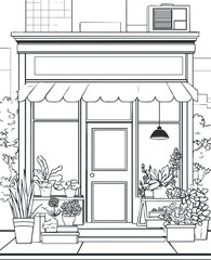 Black and white line drawing of a storefront with various potted plants outside and an awning above the door
