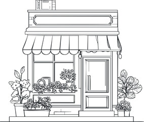 Black and white line drawing of a storefront with an awning, front door, window, and various potted plants and flowers.