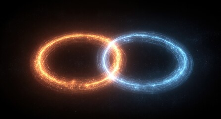 Two linked rings, fiery orange and icy blue, against a dark background