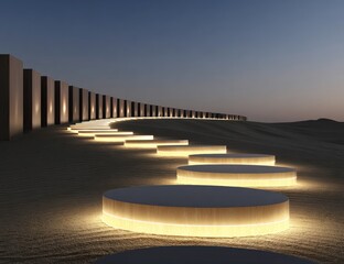 Illuminated circular platforms in a desert landscape.