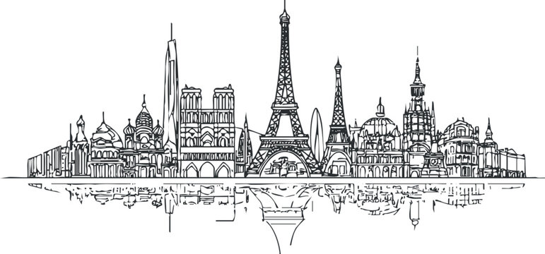 Black and white sketch illustration of famous European architectural landmarks including the Eiffel Tower and cathedrals